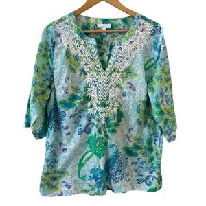 Charter Club Womens Boho Floral Tunic Top Sz XL Paisley Beach Resort 3/4 Sleeve